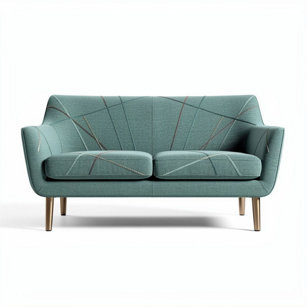 Mid-century modern two-seater sofa in teal fabric with wood legs 180 x 80 x 85cm