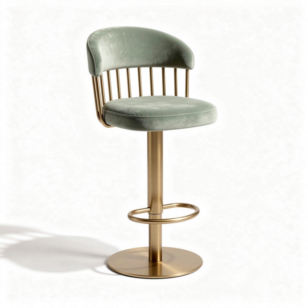 Green velvet bar stool with gold metal frame adjustable height 40 x 40 x 100cm