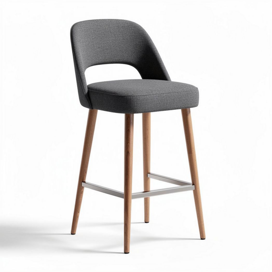 Gray upholstered bar stool with wooden legs and metal footrest 45 x 45 x 100cm