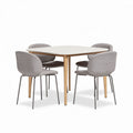 Square dining table with soft green upholstered chairs 90 x 90 x 75cm