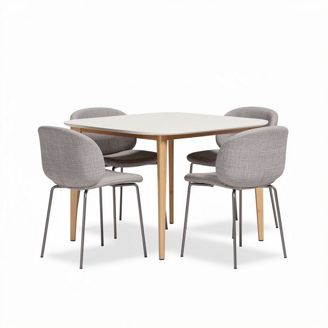 Square dining table with soft green upholstered chairs 90 x 90 x 75cm