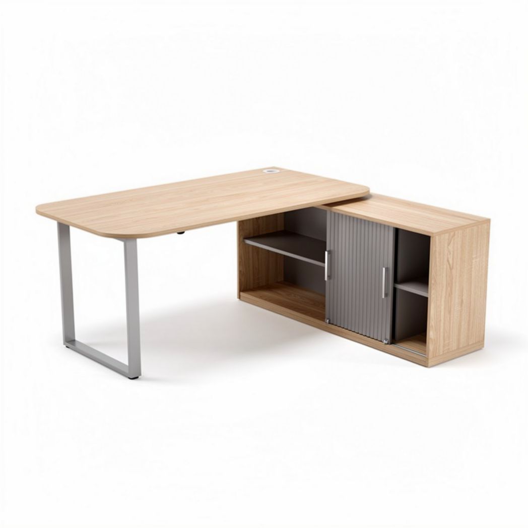 L-shaped desk with storage cabinet in natural wood finish 150 x 70 x 75cm