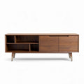 Wooden media console with sliding doors and open shelving in walnut finish