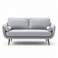 Gray fabric two-seater sofa with wooden legs and removable cushions