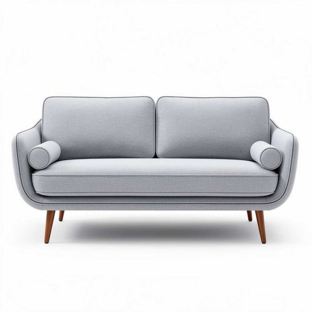 Gray fabric two-seater sofa with wooden legs and removable cushions
