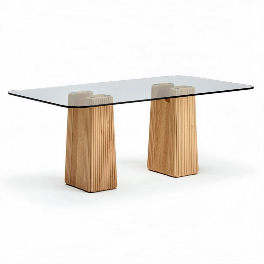 Glass top dining table with wooden base 200 x 100 x 75cm