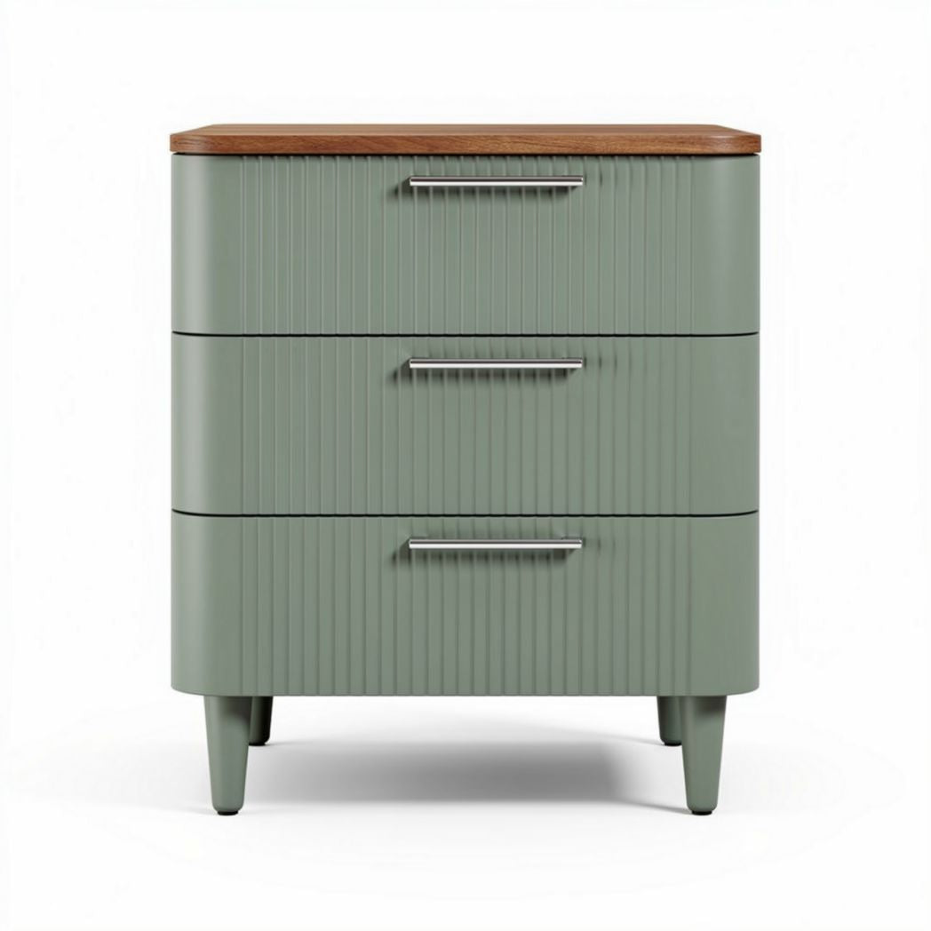 Modern three-drawer nightstand with wood top in green finish 40 x 35 x 75cm